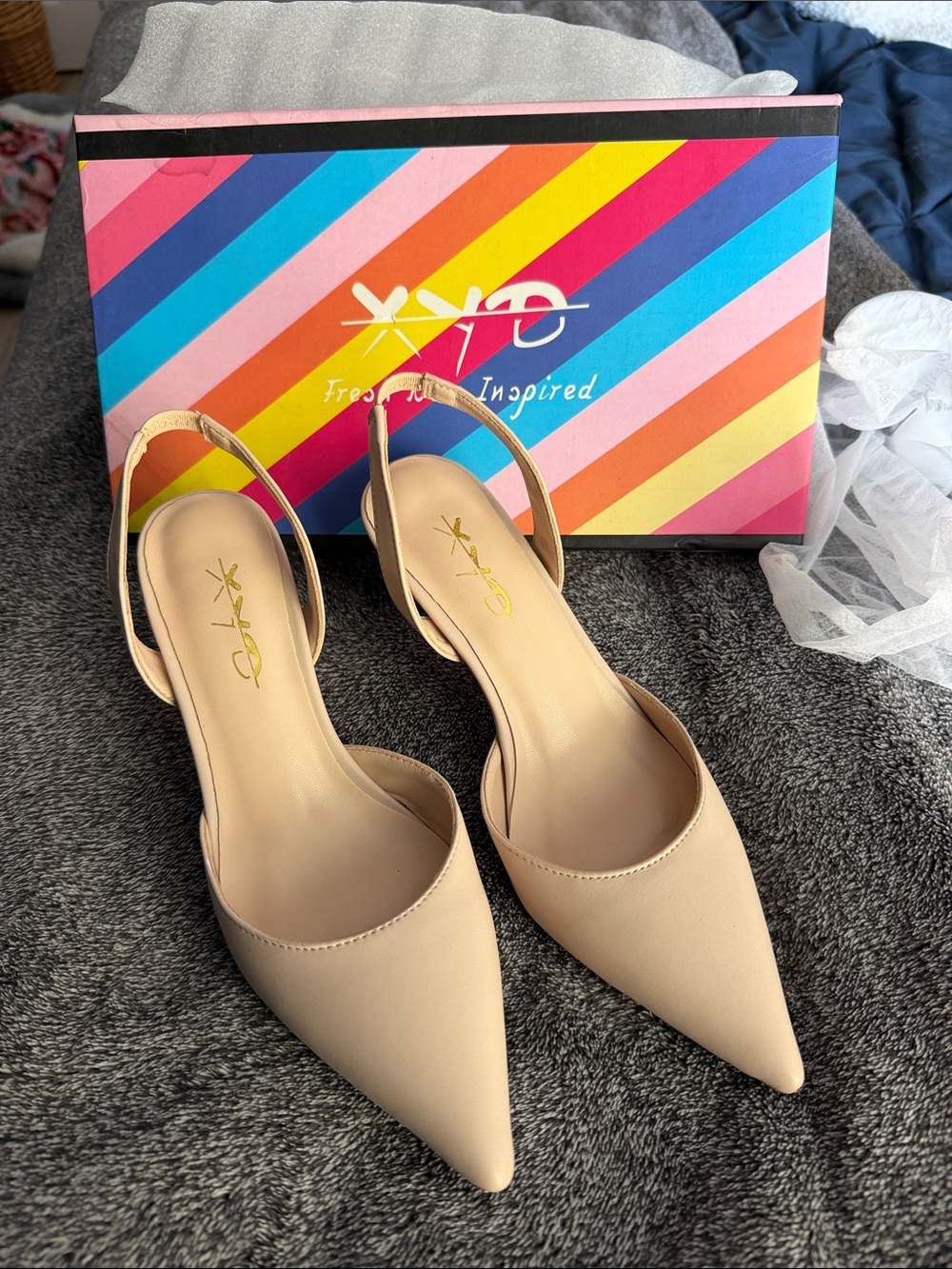 XYD Beige Pointed-Toe Slingback Mules